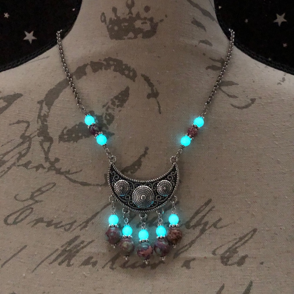 Boho Galaxy Jasper Glowing Beaded Moon Necklace